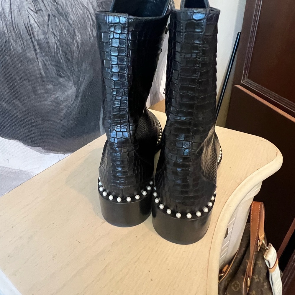 Stuart Weitzman Black Croc-Embossed Pearl-Trim Lace-Up Boots - Picture 3 of 6